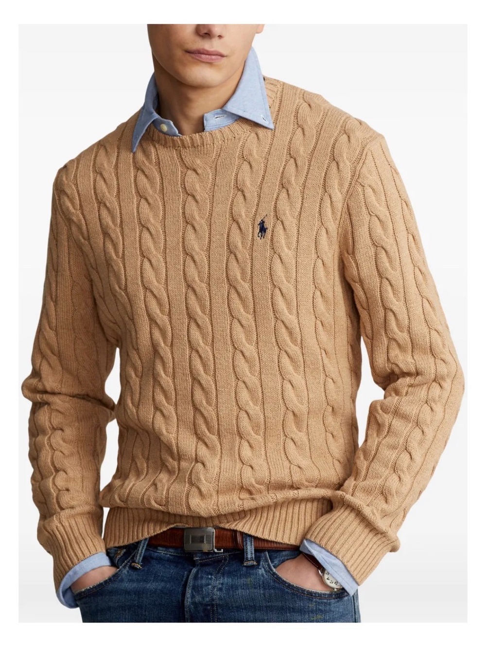 Polo by Ralph Lauren Cable-Knit Crewneck Sweater Tan Men's Small 100% Cotton